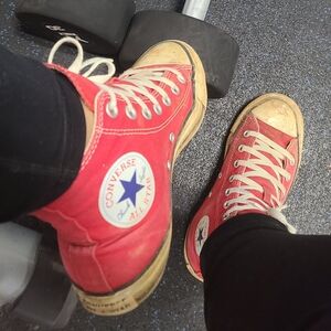 Old Worn Gym Shoes Red High Top Converse Womens Size 7